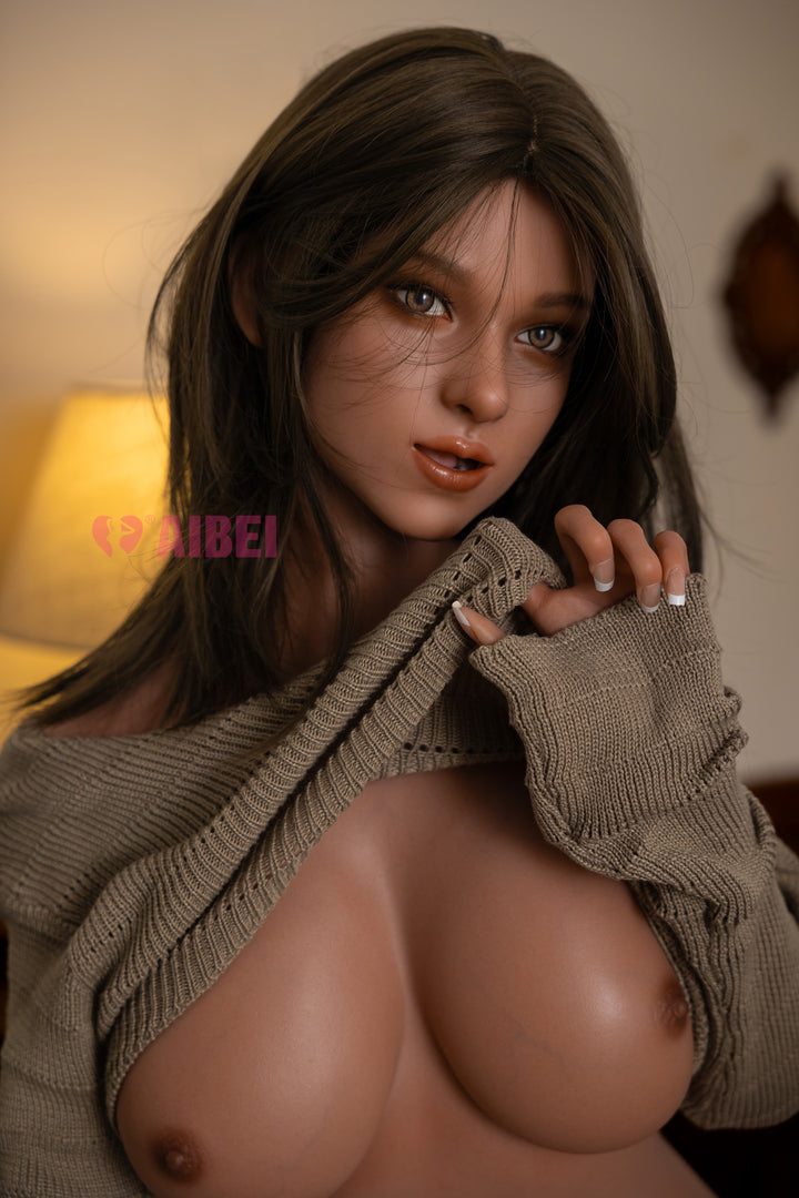 Close-up of Aibei Doll Jessie, wearing a loose off-shoulder knit top with a soft, realistic expression.