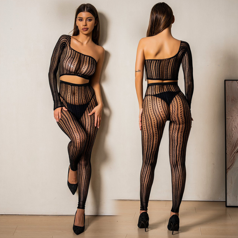Bodystocking - 2 Pcs Black One Shoulder Strapes Fishnet Lingerie