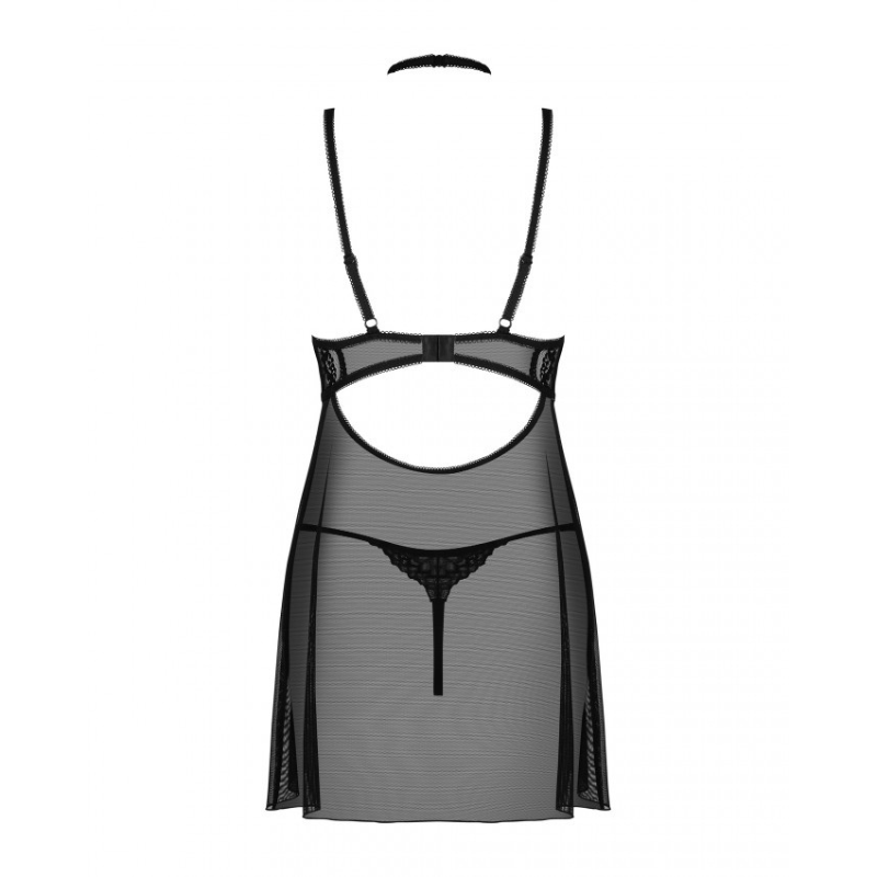 Babydoll - 2 Pcs Black Sheer Open Back Lady Sleepwear with Lace Embroidery