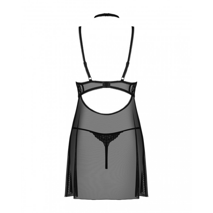 Babydoll - 2 Pcs Black Sheer Open Back Lady Sleepwear with Lace Embroidery