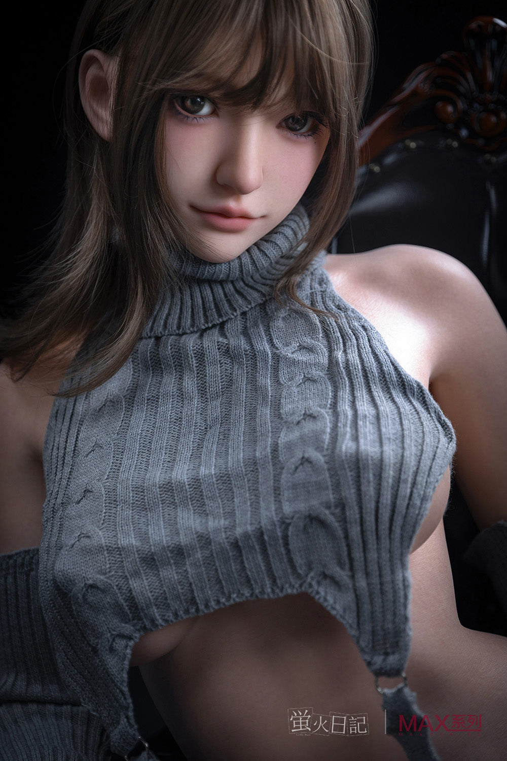 Firefly Diary Doll 165 cm Max Series Silicone – Lian wearing a gray cropped knit sweater, featuring lifelike facial details, soft expression, and realistic silicone skin texture.
