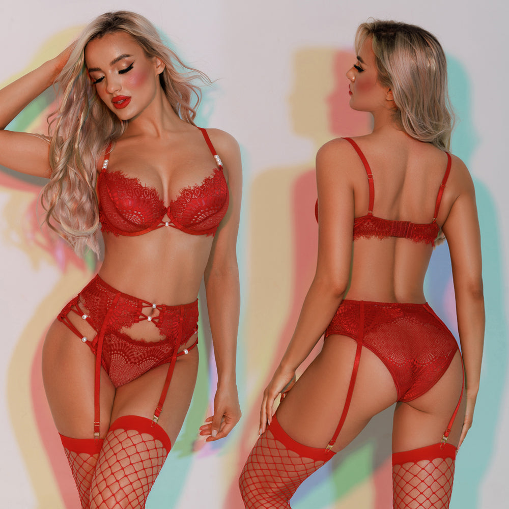 Two women in red lace lingerie sets with stockings, one showing front and one back view.