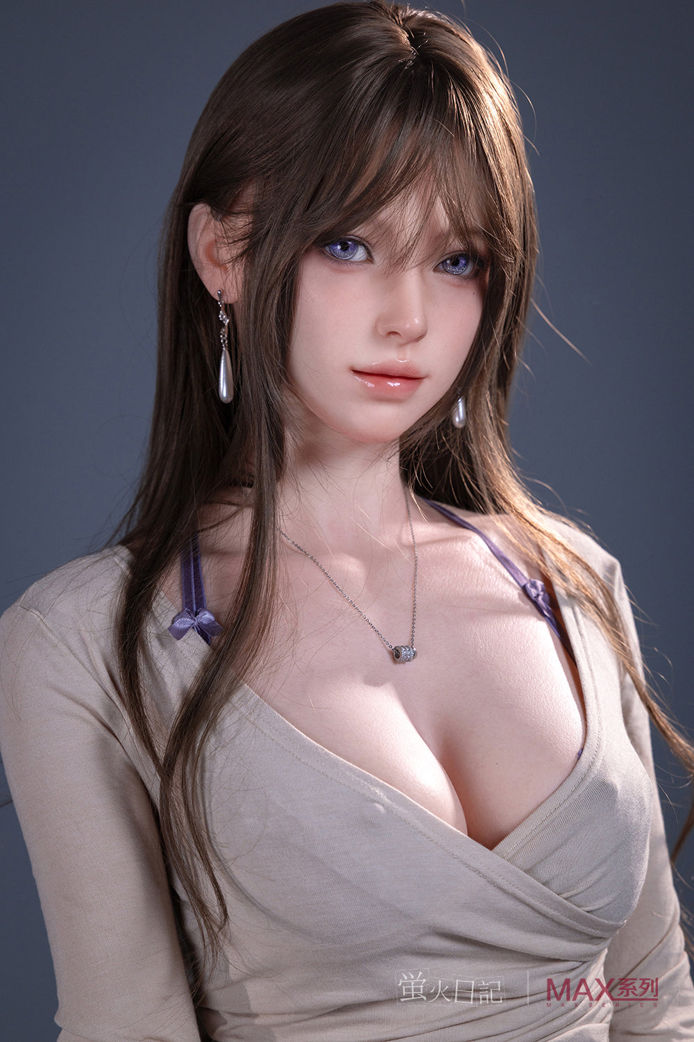 Firefly Diary Doll 165 cm Max Series Silicone - Yelan V2, a close-up portrait highlighting her purple eyes, long brown hair with bangs, and delicate pearl drop earrings.