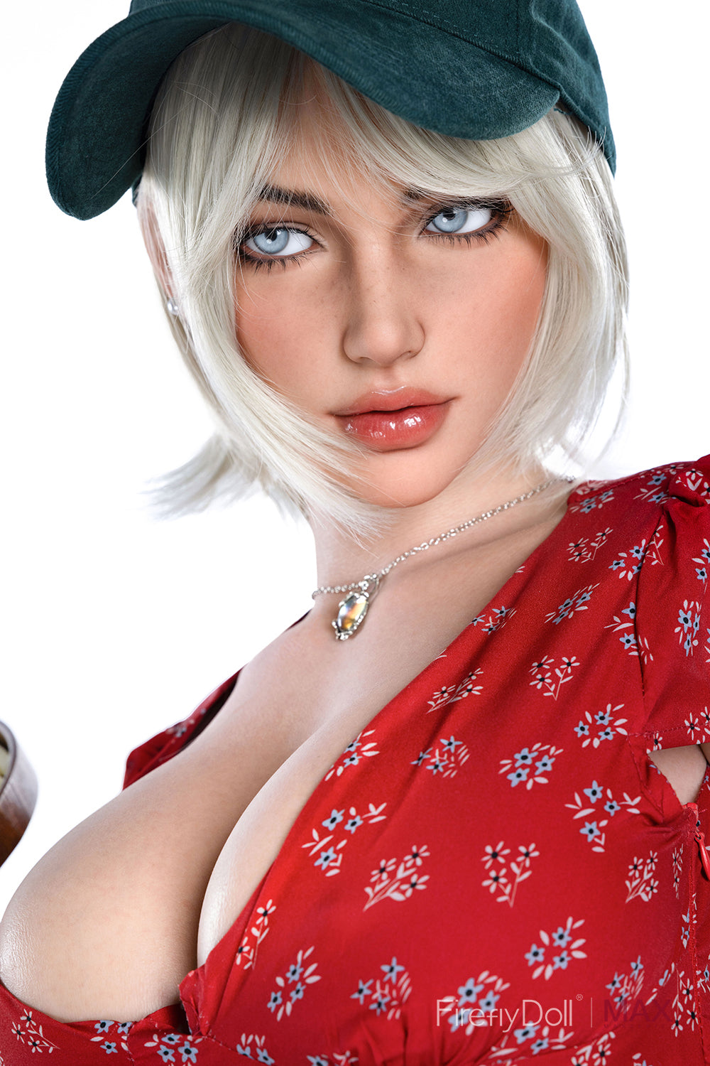 A close-up portrait of Firefly Doll 160 cm Max Series Silicone - Mary, highlighting her facial features, blonde hair, and green cap.