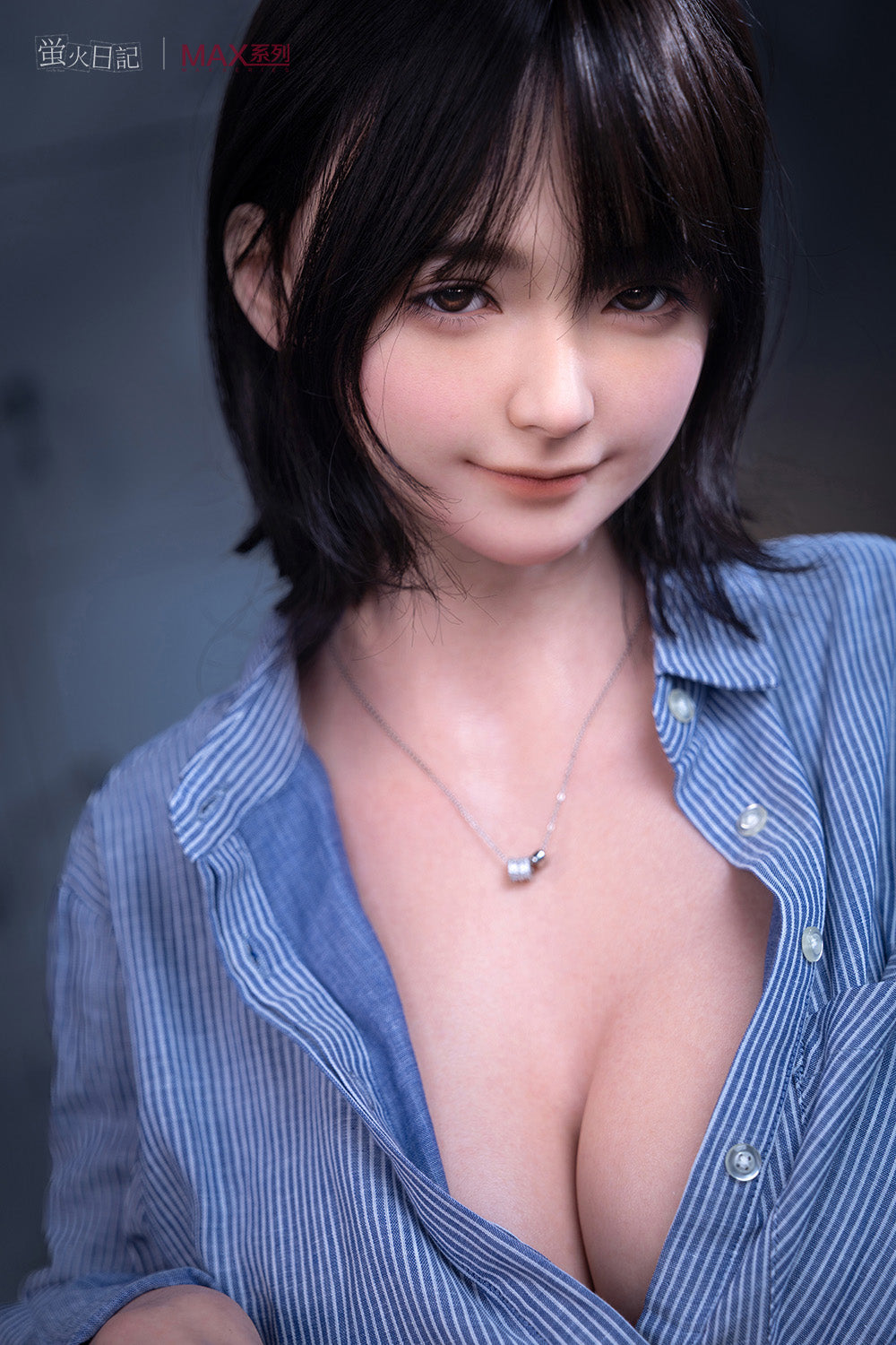 Firefly Diary Doll 160 cm Max Series Silicone – Qiandao V2 wearing a half-buttoned blue shirt, showing detailed facial realism, soft skin texture, and lifelike eyes.