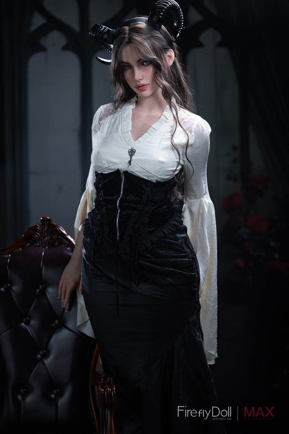 Full-body view of Firefly Diary Doll 165 cm Max Series Silicone – Mary V4, wearing white blouse, showcasing her realistic body shape and detailed facial expression.