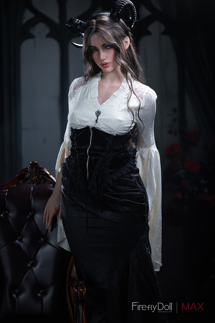 Full-body view of Firefly Diary Doll 165 cm Max Series Silicone – Mary V4, wearing white blouse, showcasing her realistic body shape and detailed facial expression.