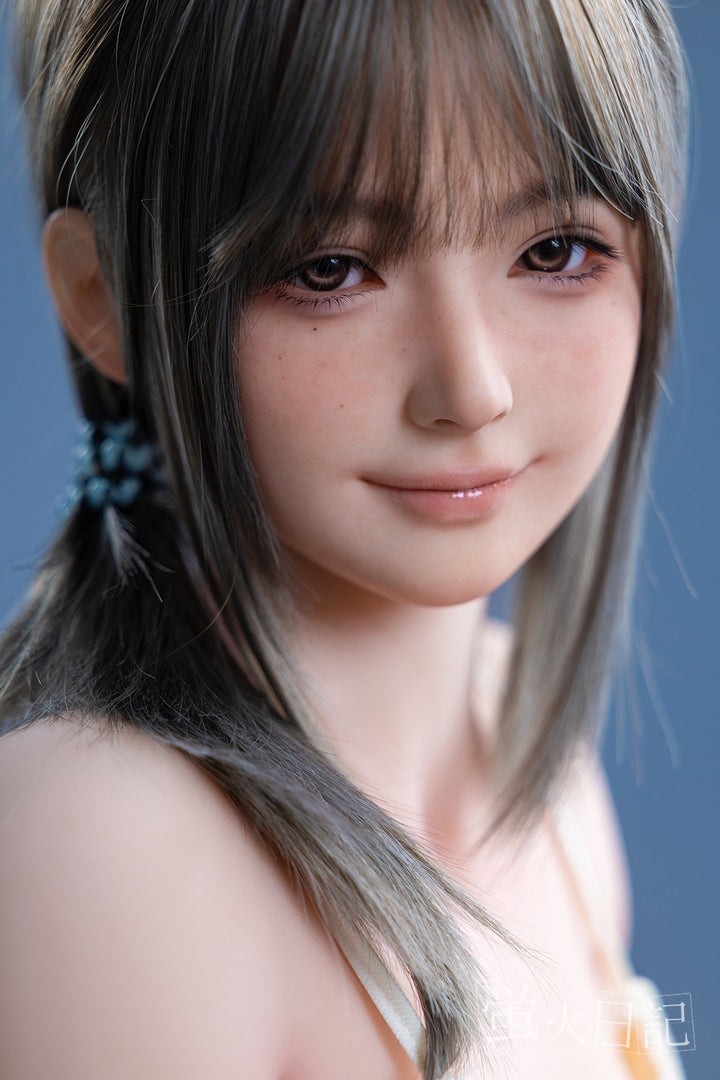 Firefly Diary 159 cm silicone doll Qiandao with long gray hair with blue background.