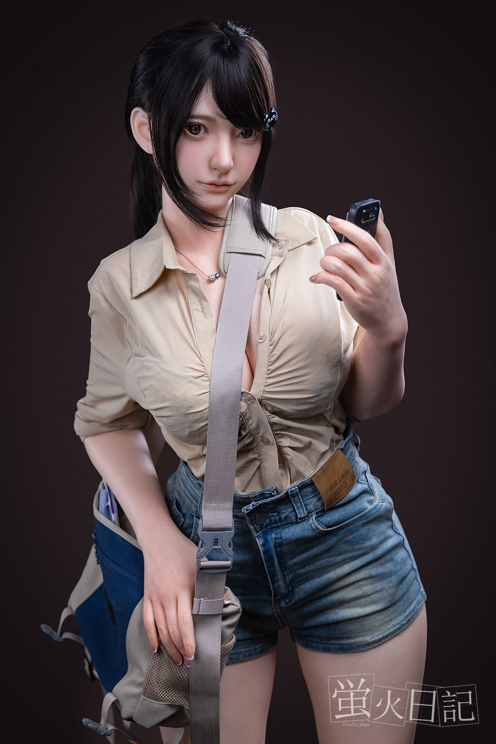 Firefly Diary 164 cm silicone doll Lian V2 wearing a beige shirt and denim shorts, showcasing realistic features and lifelike skin.