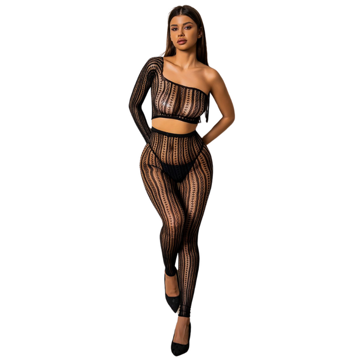 Bodystocking - 2 Pcs Black One Shoulder Strapes Fishnet Lingerie