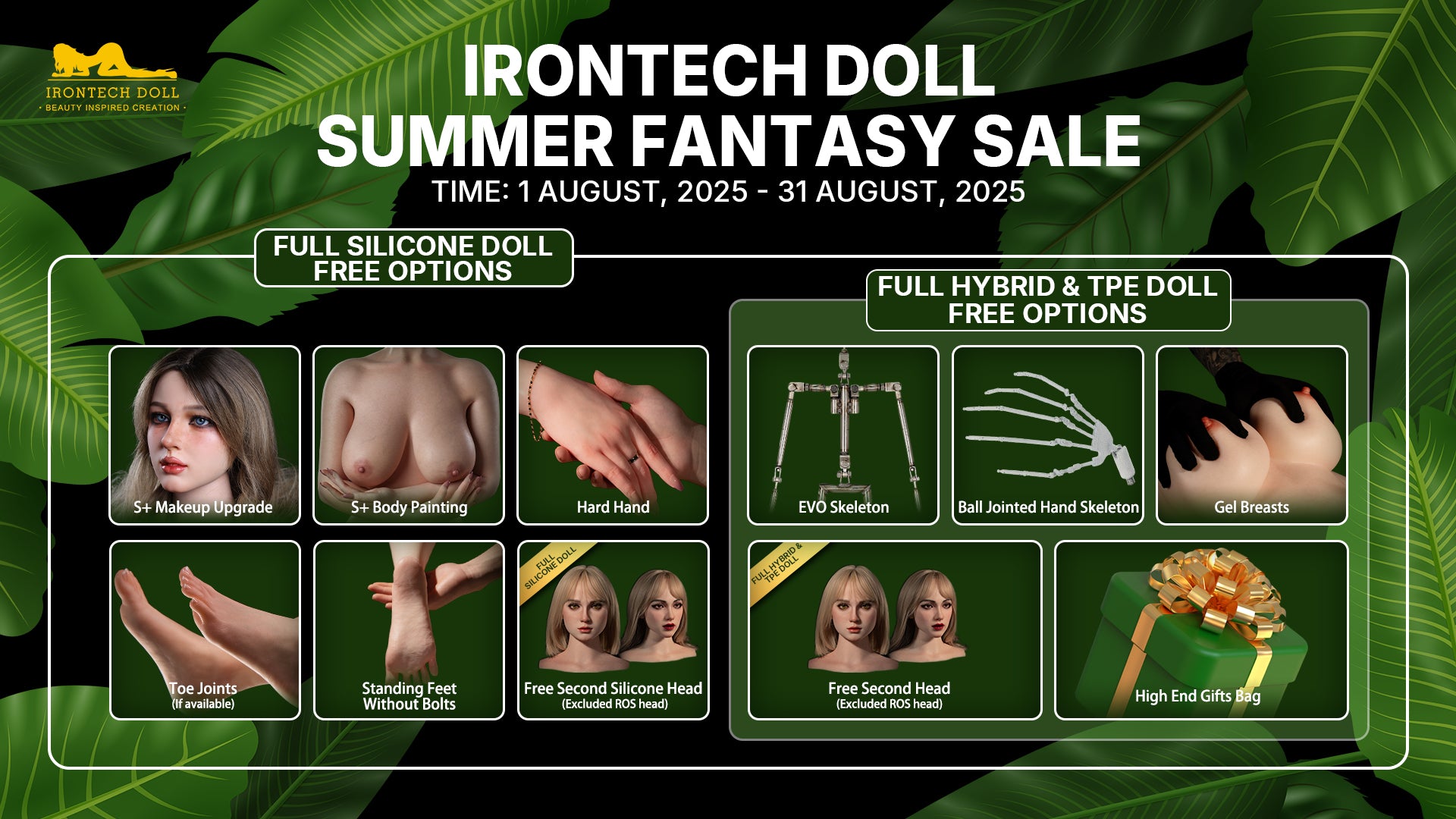 IronTech Sex Doll Summer Fantasy Sale advertisement with product options on a green leafy background.