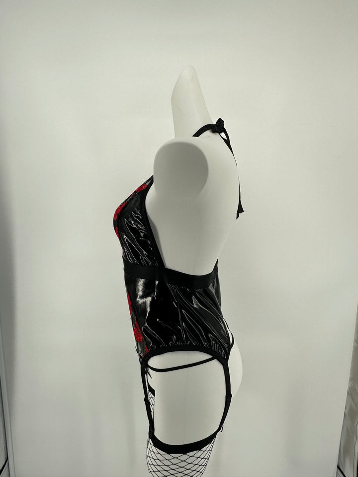 Teddy - 3 Pcs Rose PU Leather Backless Sexy Lingerie with Thongs and Stockings