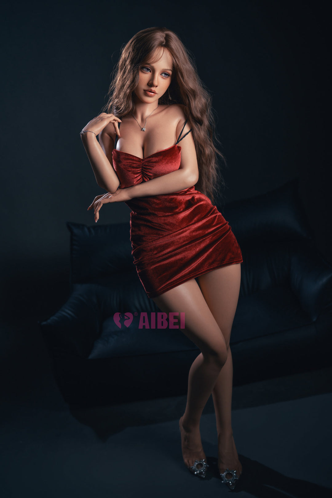 Full body standing pose of the Aibei Doll 150 cm F Luxe Silicone - Grace in a short red velvet dress.