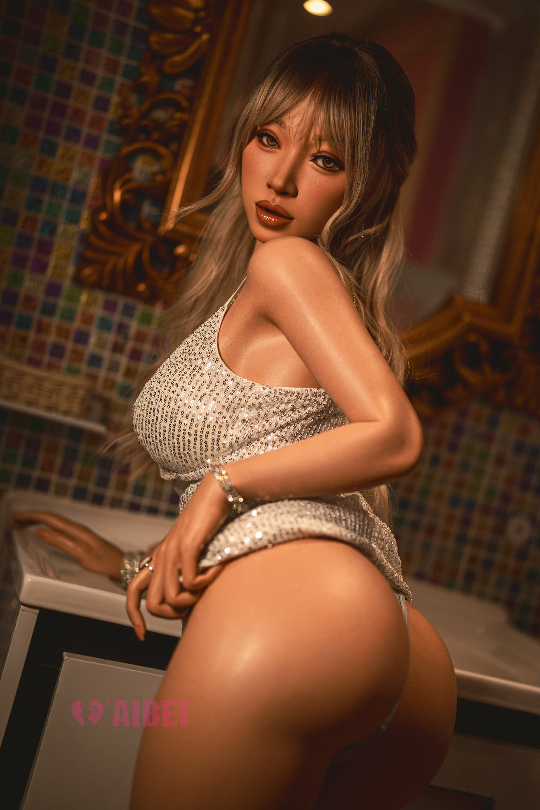 Rear-angled view of the Aibei Doll 150 cm F Luxe Silicone - Roxy leaning on a counter in a silver dress.
