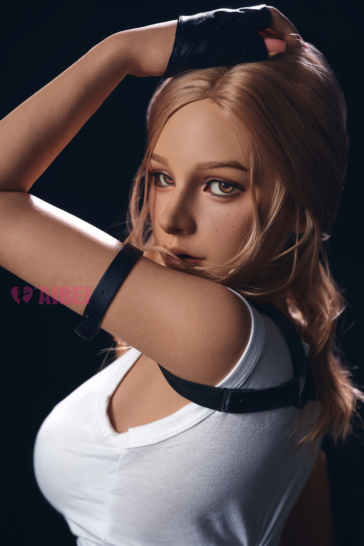 Aibei Doll 150 cm F Silicone - Clara wearing a white top with black straps.