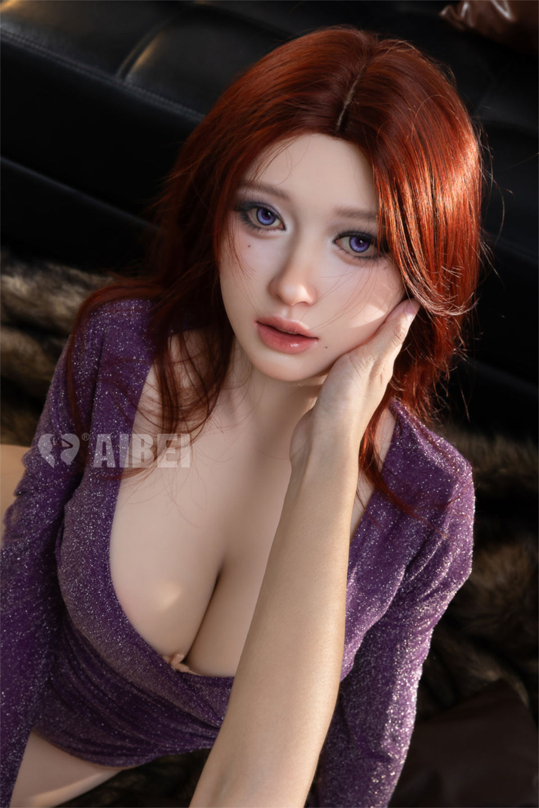 Aibei Doll 159 cm D TPE - #AB33 Yuna close-up with one hand raised near her hair, purple wrap dress, dark backdrop