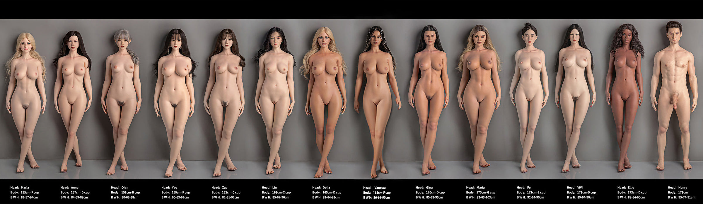 Row of nude sex dolls figures with different skin tones on a black background, labeled 'FANREAL BODY'.