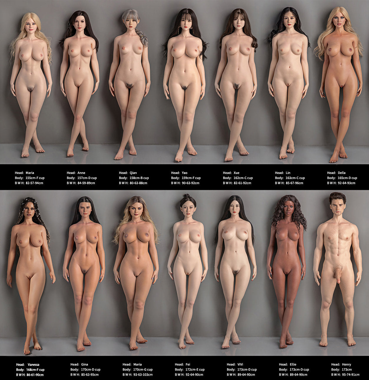 Row of nude sex dolls figures with different skin tones on a black background, labeled 'FANREAL BODY'.