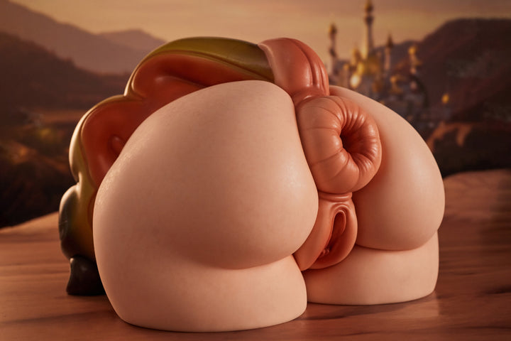 CLIMAX DOLL - PA-Peppy Silicone Butt Torso (Cinnamon) close-up rear angle view showing buttocks and openings, desert ruins background
