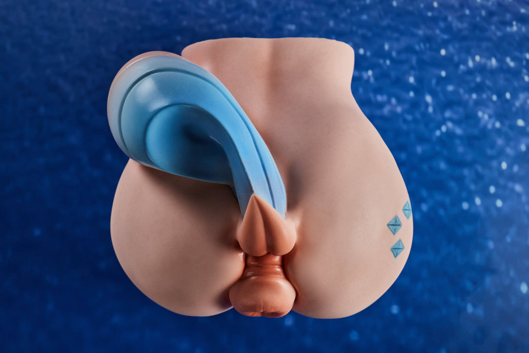 CLIMAX DOLL - PA-Ray Silicone Butt Torso (Cinnamon) close-up rear angle view showing buttocks detail, blue surface
