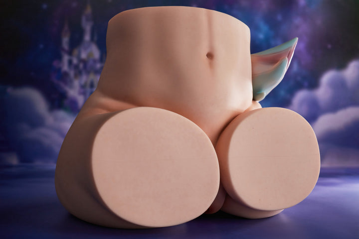 CLIMAX DOLL - PA-Razor Silicone Butt Torso (Cinnamon) top-down view showing torso and tunnel openings, galaxy blue background
