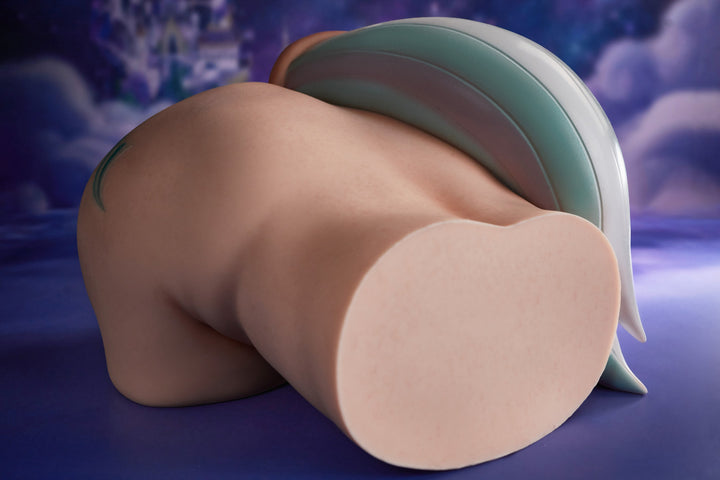 CLIMAX DOLL - PA-Razor Silicone Butt Torso (Cinnamon) front torso view showing vaginal opening, galaxy blue background

