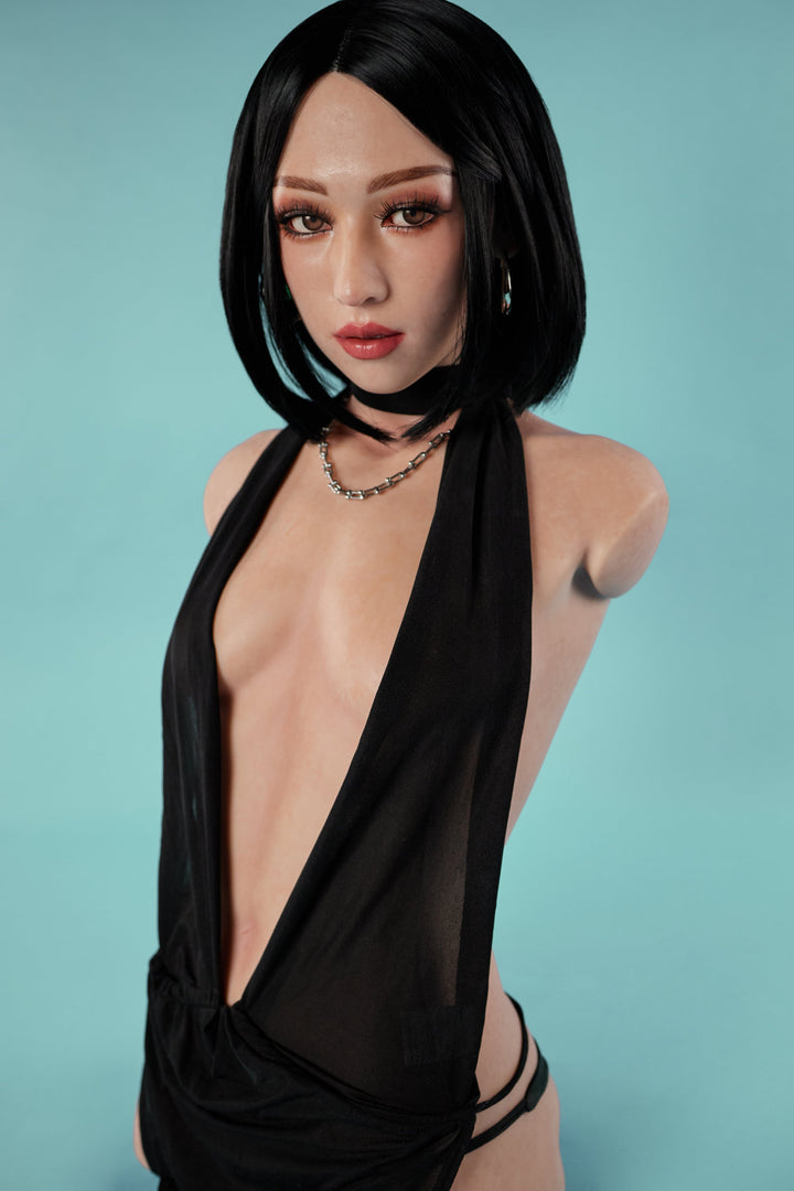CLIMAX DOLL - ULW 661# Silicone Torso - Miyoshi (Natural) – three-quarter right view, black open-back dress, realistic face and bust detail