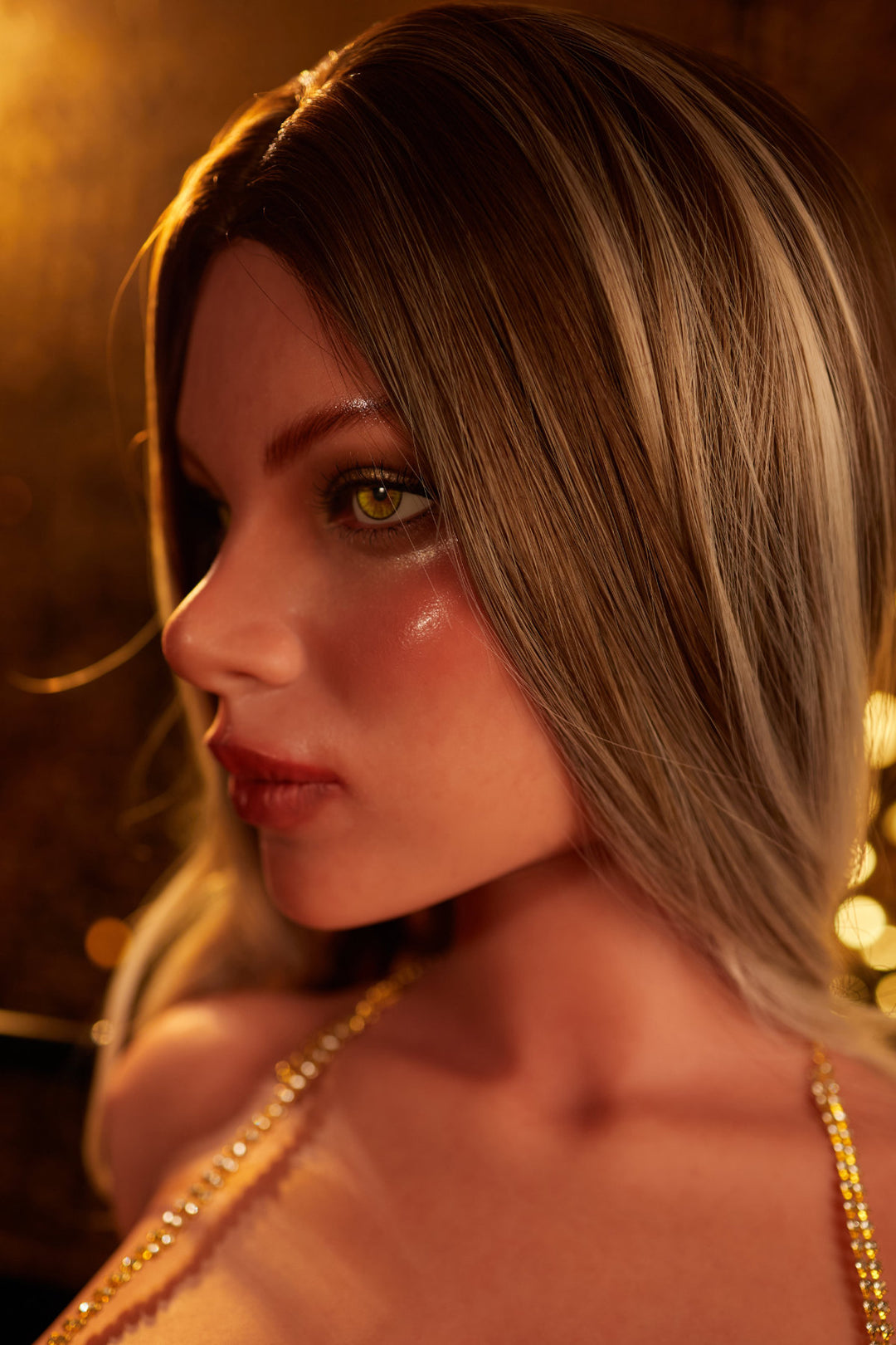CLIMAX DOLL - ULW 662# Silicone Torso - Hedia (Black) – close-up frontal, chest and midsection detail, lifelike skin texture under golden light