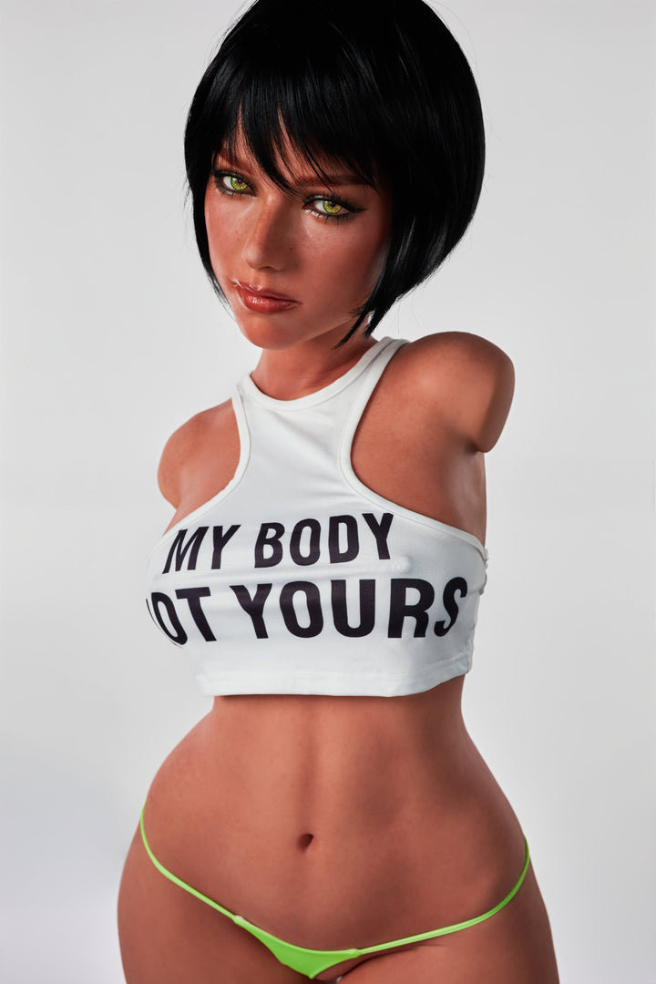 A front view of the CLIMAX DOLL - ULW 882# Silicone Torso - Livia (Black), featuring a doll with short black hair wearing a white crop top that says "MY BODY NOT YOURS" paired with neon green bikini bottoms.