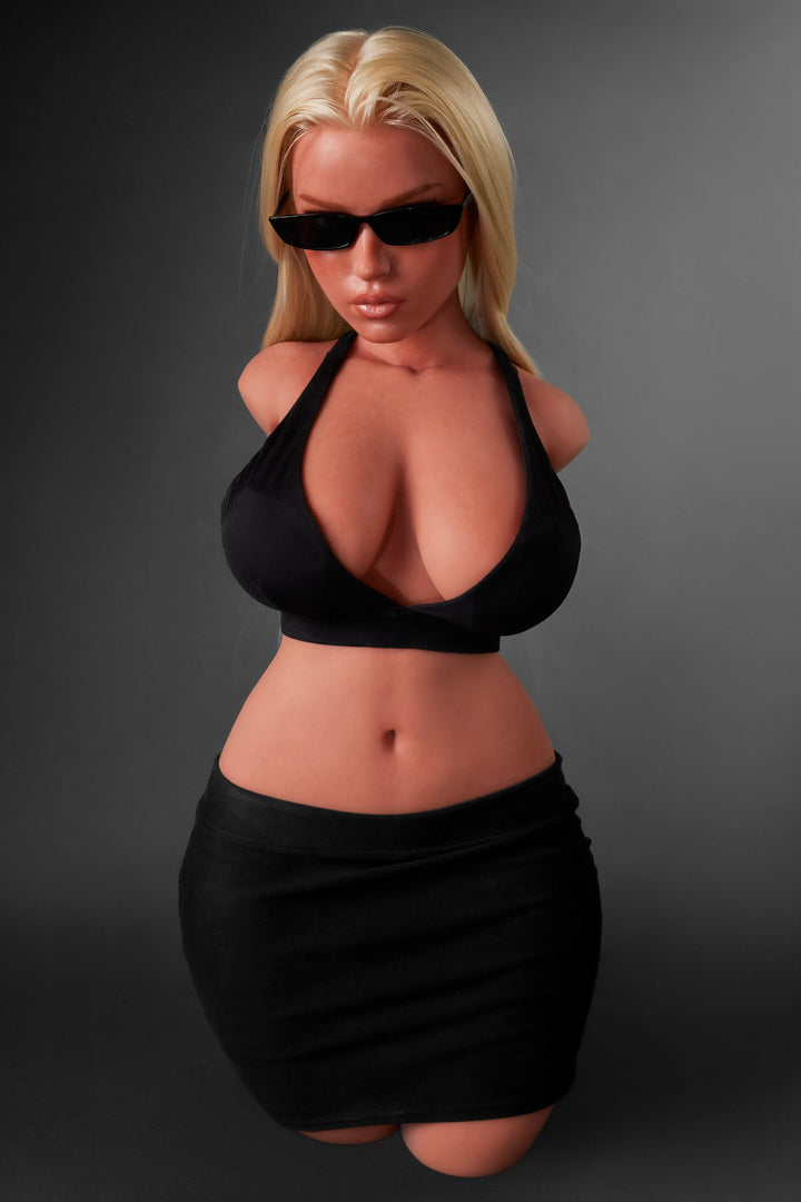 A direct front view of the CLIMAX DOLL - ULW 883# Silicone Torso - Fiora (Black) dressed in a black halter top, sunglasses, and a black skirt.