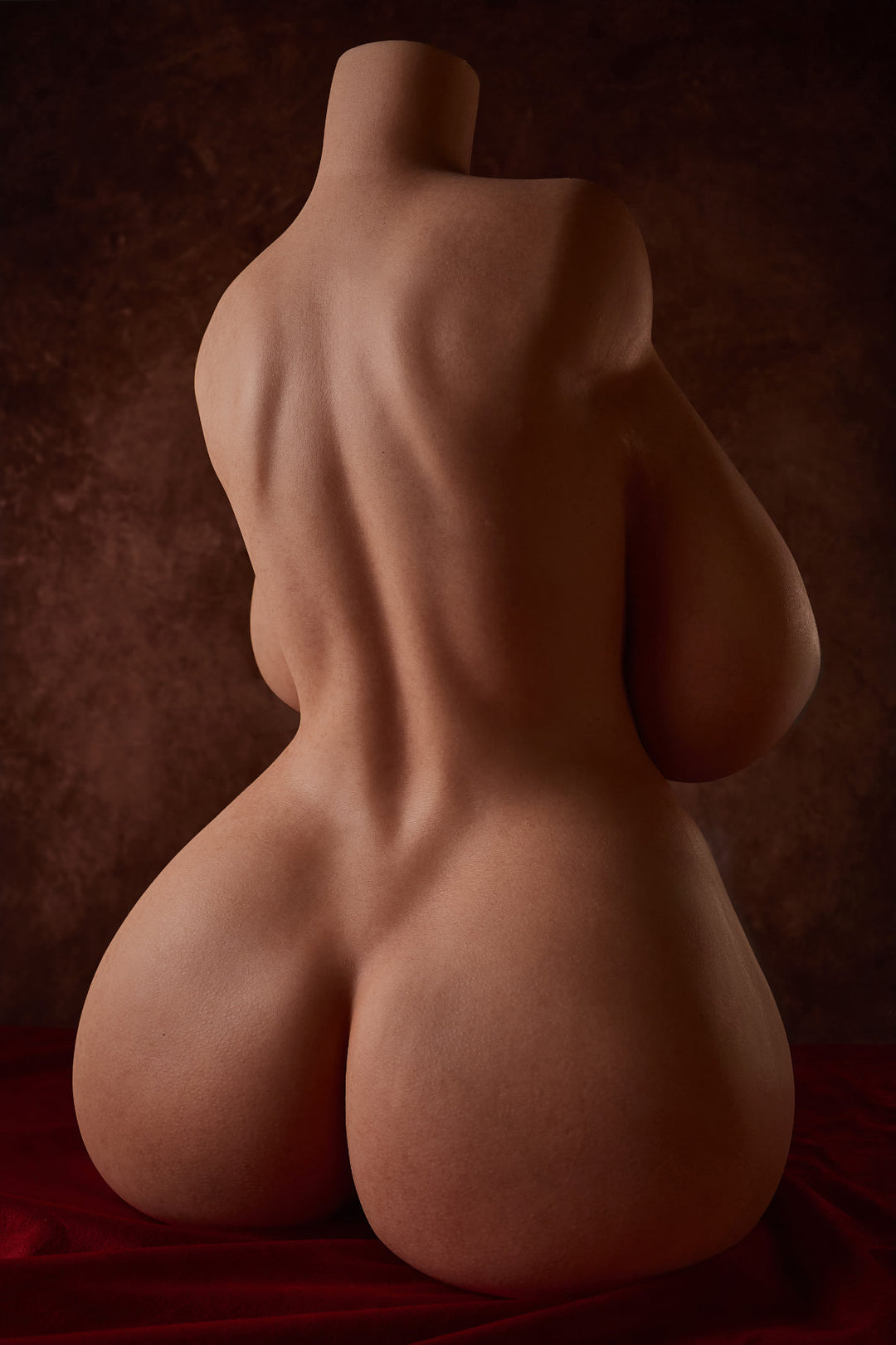 CLIMAX DOLL - ULW PW-U58 I-cup Silicone Torso (Natural) nude side view showing torso profile, dark red draped background
