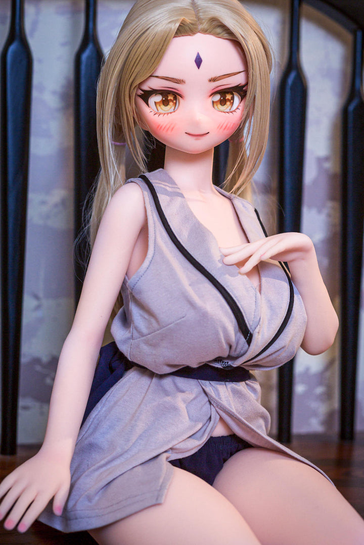 CLIMAX DOLL Mini J60cm B Hybrid - Reyna (Cinnamon) – seated pose with hand raised, robe showing her full bust