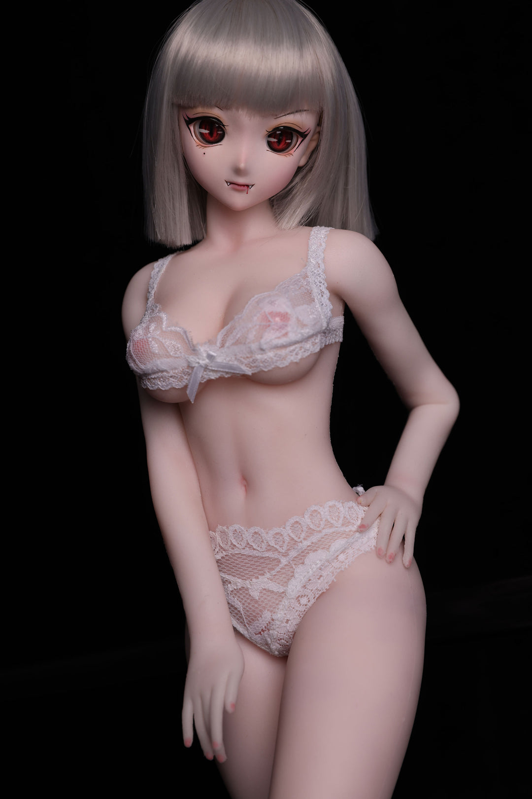 CLIMAX DOLL Mini J60 cm Hybrid - Gina (White) – silver bob and white lace lingerie set, hand on hip