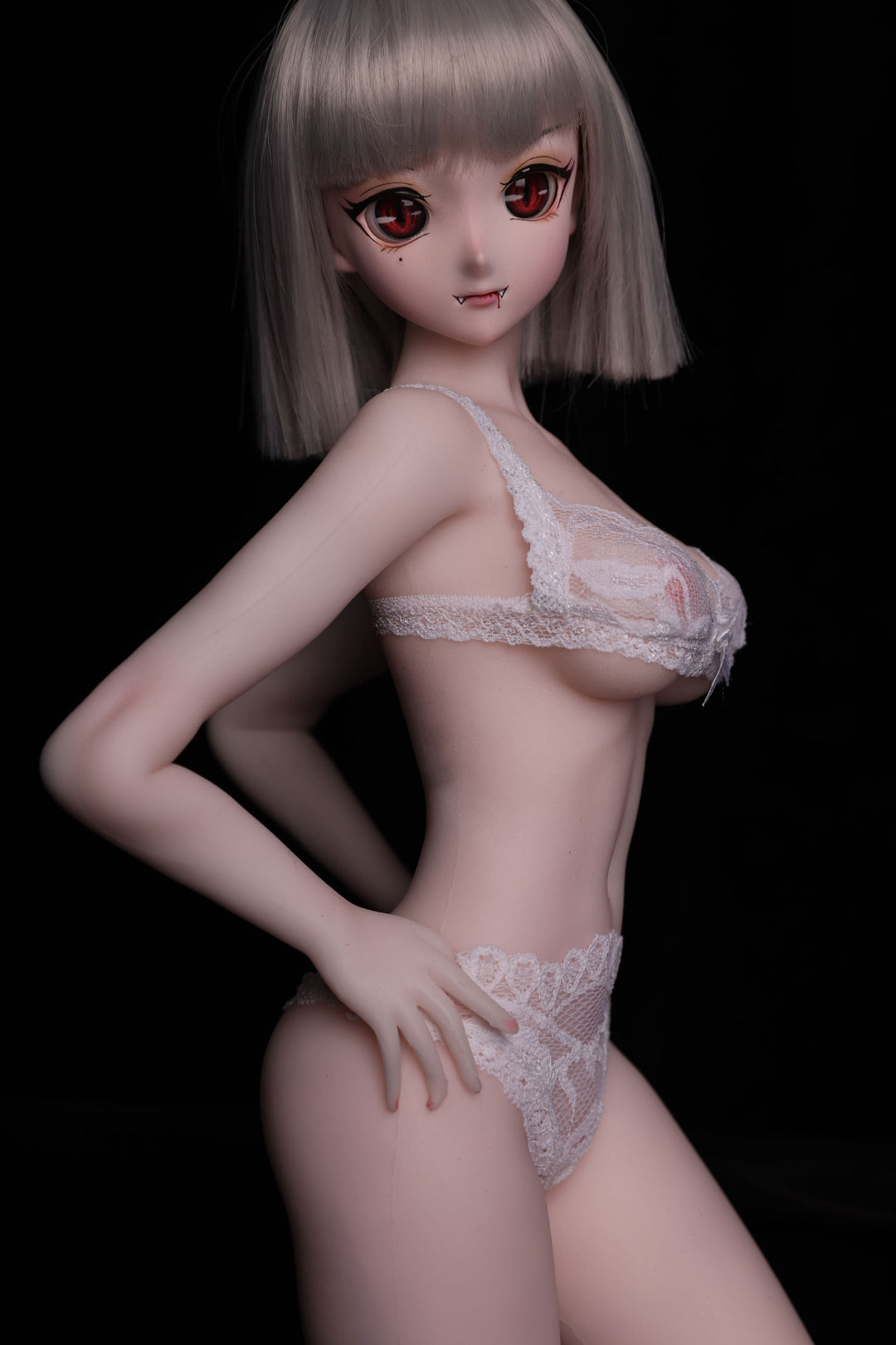 CLIMAX DOLL Mini J60 cm Hybrid - Gina (White) – three-quarter pose in lace lingerie, hand on hip