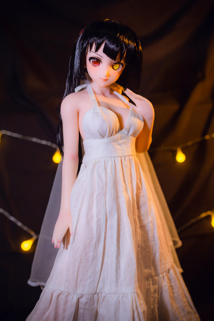 CLIMAX DOLL Mini J60 cm Hybrid - Kurumi (Cinnamon) - Full-body standing pose in a flowing white chiffon gown and veil, long black hair, glowing yellow fairy lights behind her.