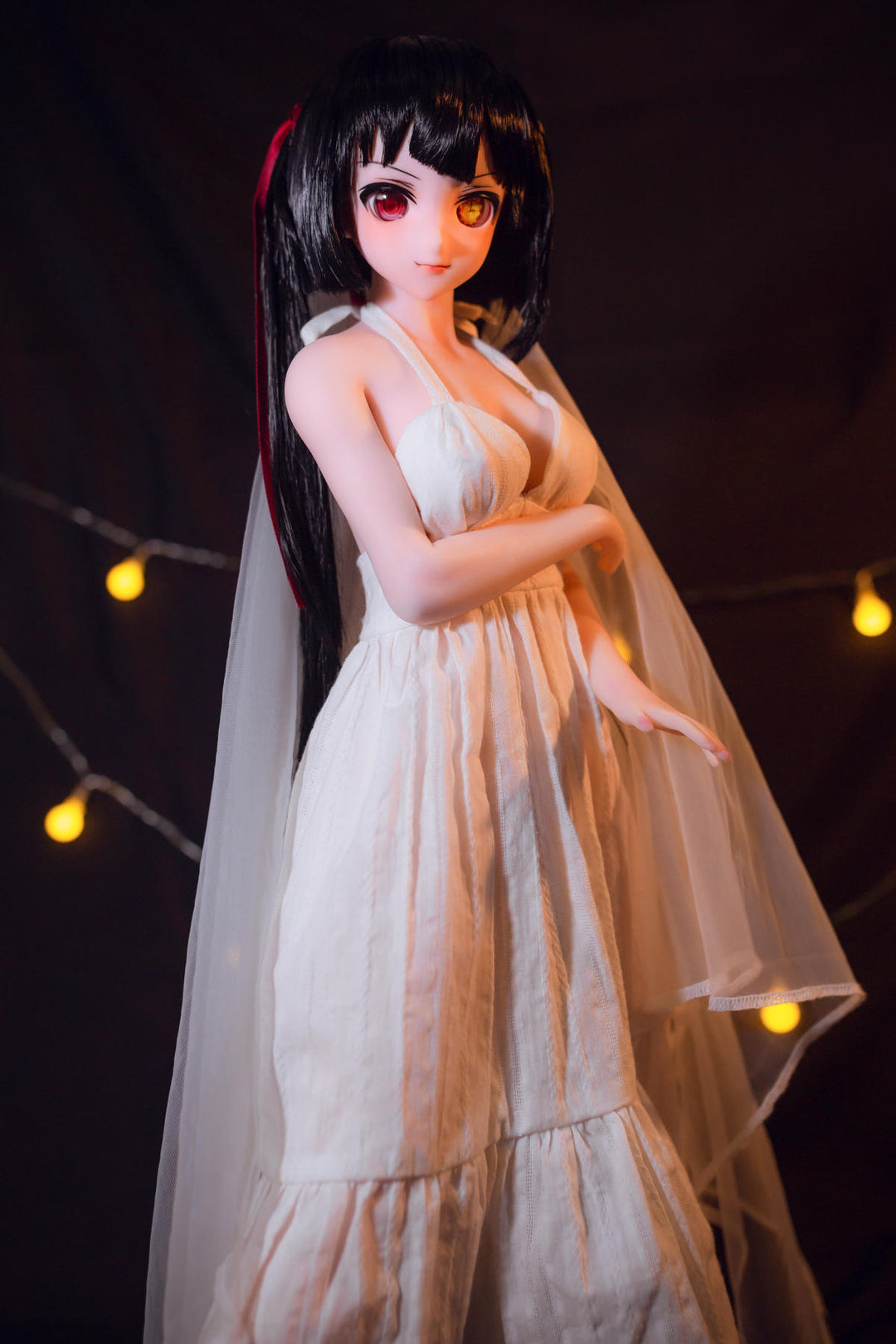 CLIMAX DOLL Mini J60 cm Hybrid - Kurumi (Cinnamon) - Full-body standing view in the white chiffon gown and long veil, loose black hair, moody dark backdrop.