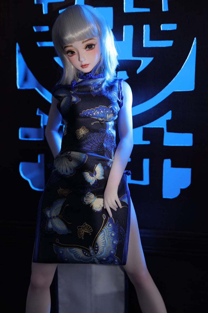 CLIMAX DOLL Mini J60 cm Hybrid - Ling (White) – front view in navy floral cheongsam