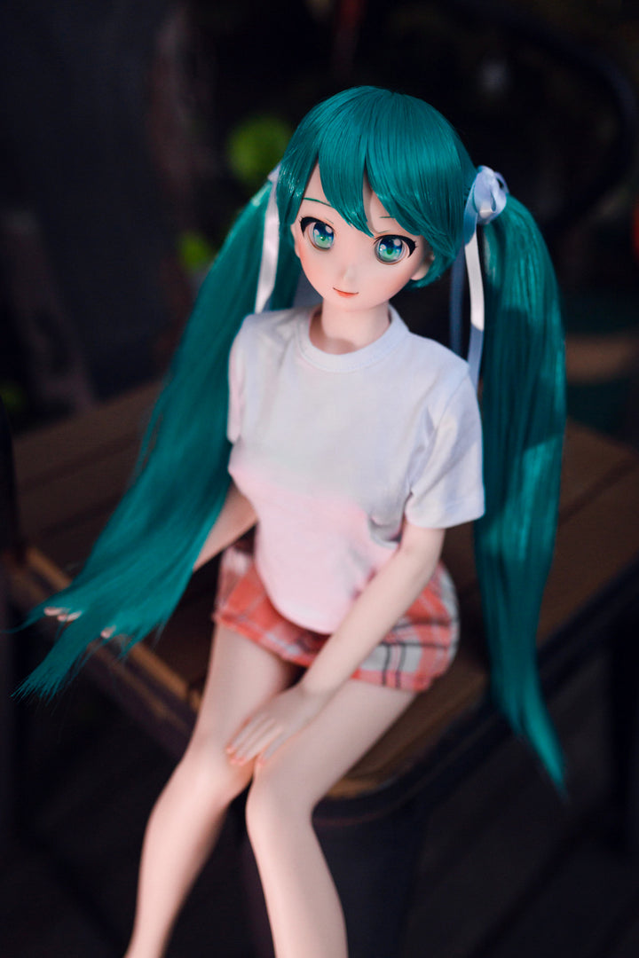 CLIMAX DOLL Mini J60 cm Hybrid - Miku (Cinnamon) - Full-length seated pose on the wooden bench, legs stretched out, white tee and pink plaid skirt, dark moody backdrop.