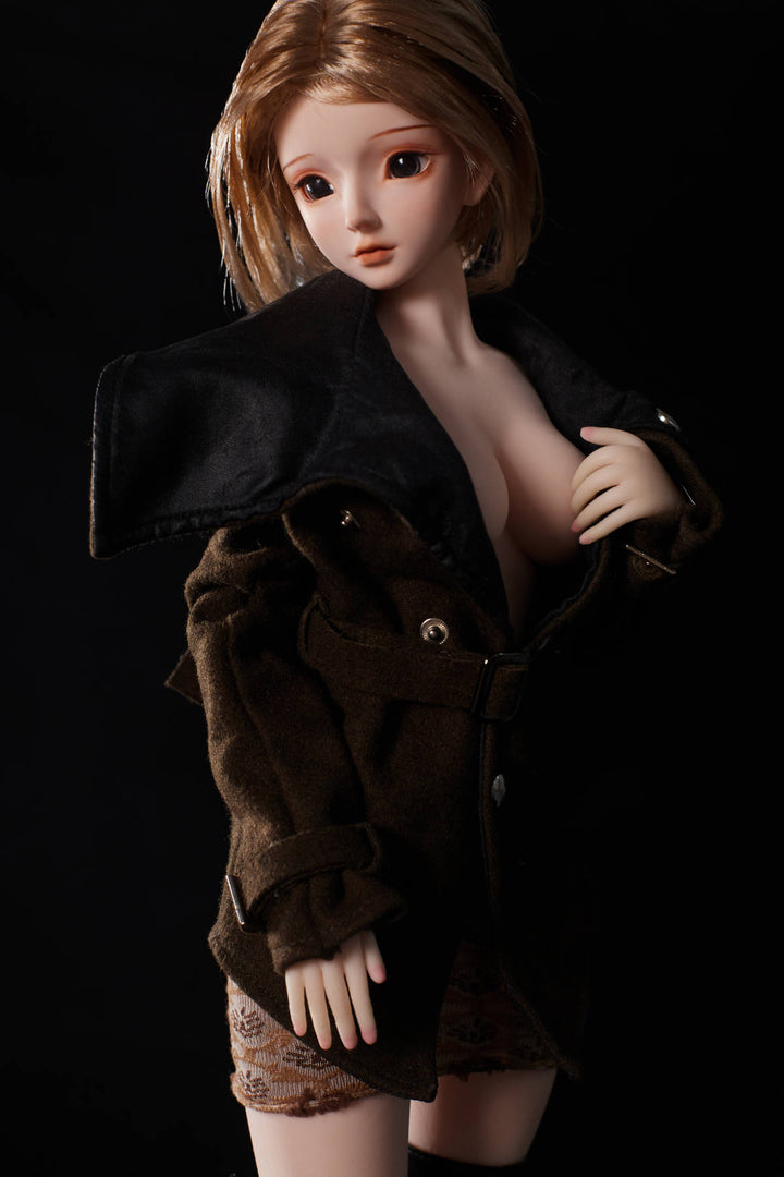 CLIMAX DOLL Mini J60 cm Hybrid - Miyabi (Cinnamon) – close-up with coat slipping off one shoulder