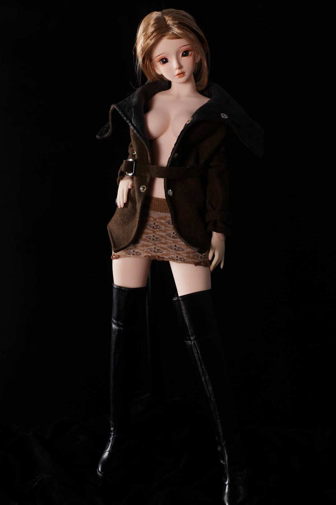 CLIMAX DOLL Mini J60 cm Hybrid - Miyabi (Cinnamon) – open coat with black boots, full-length view