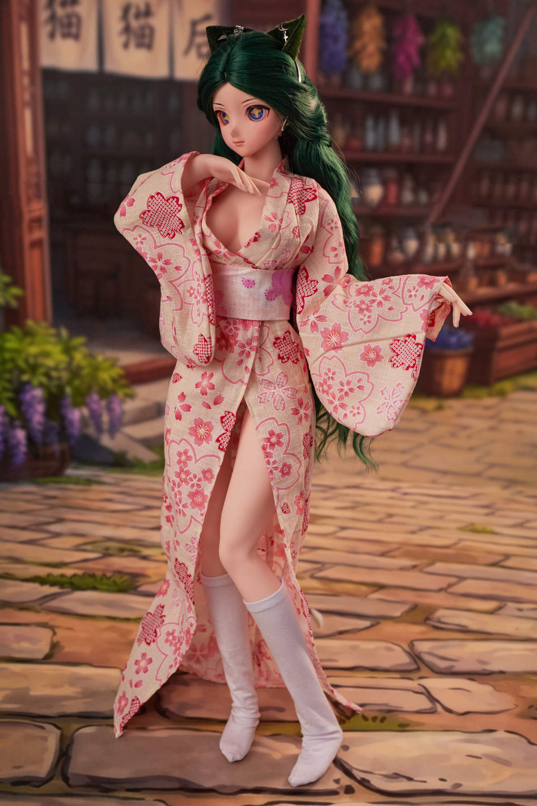 CLIMAX DOLL Mini J60cm Hybrid - Momo (Cinnamon) standing side pose in a pink floral kimono with thigh-high socks