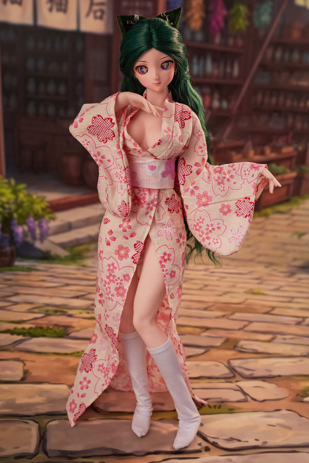 CLIMAX DOLL Mini J60cm Hybrid - Momo (Cinnamon) standing full-body pose in a pink floral kimono, teal-green hair, alley backdrop