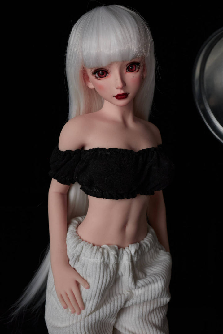 CLIMAX DOLL Mini J60 cm Hybrid - Saki (Cinnamon) – long silver hair, black off-shoulder crop top and white cargo pants
