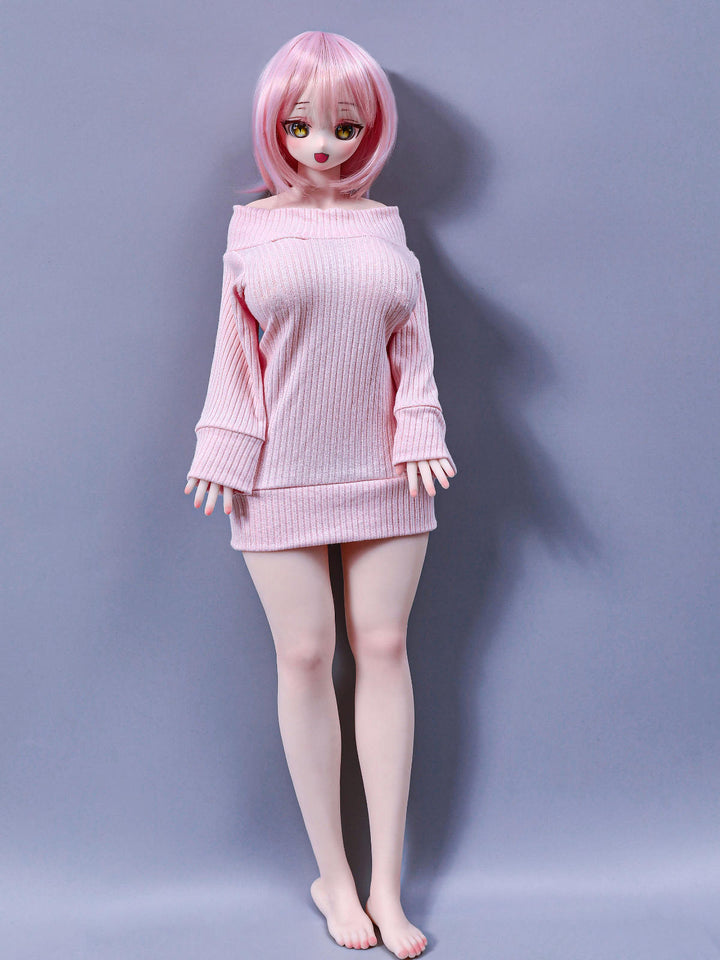 CLIMAX DOLL Mini J60cm P Hybrid - Azami (Cinnamon) full-body standing pose in an oversized pale pink knit sweater dress slipping off one shoulder, short pink bob with bangs, bare feet, soft lavender-gray studio backdrop