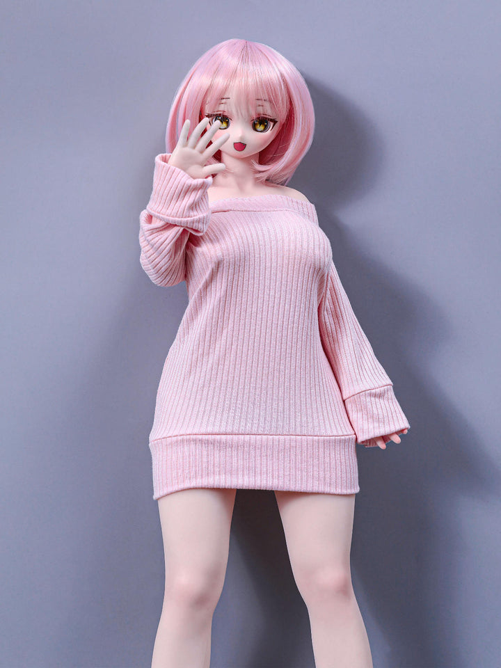 CLIMAX DOLL Mini J60cm P Hybrid - Azami (Cinnamon) three-quarter pose with one hand raised near her face, pale pink sweater dress, lavender-gray backdrop