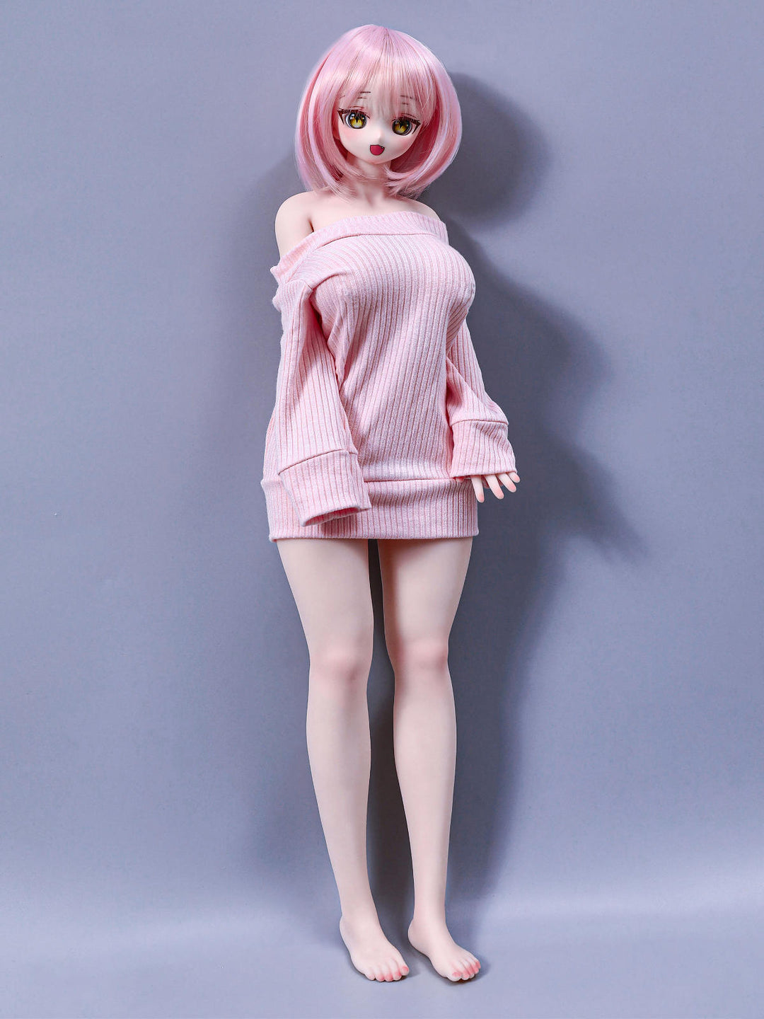 CLIMAX DOLL Mini J60cm P Hybrid - Azami (Cinnamon) full-body standing pose with legs together, pale pink sweater dress, soft studio backdrop