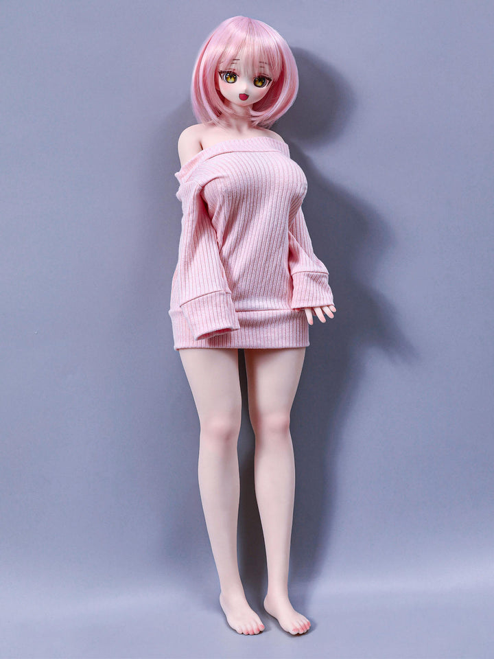 CLIMAX DOLL Mini J60cm P Hybrid - Azami (Cinnamon) full-body standing pose with legs together, pale pink sweater dress, soft studio backdrop