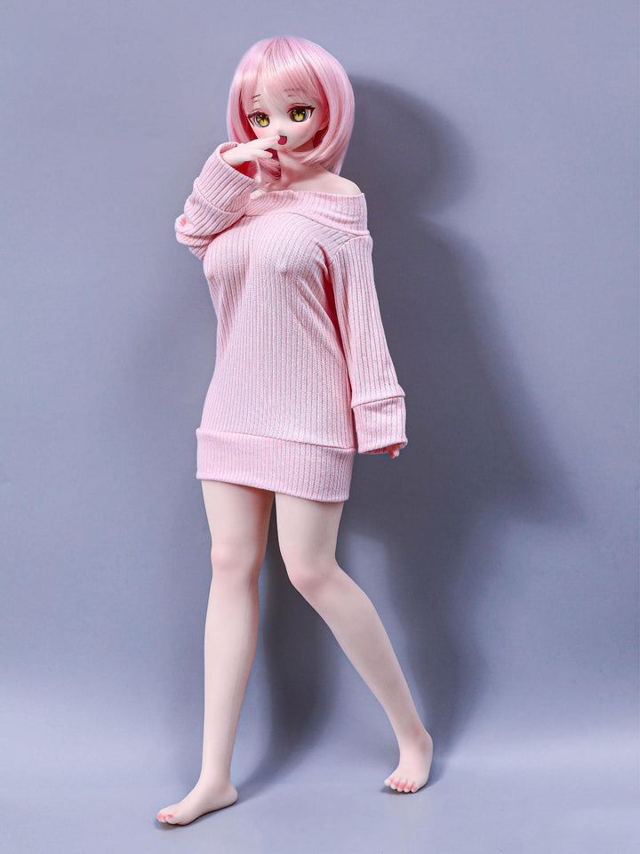 CLIMAX DOLL Mini J60cm P Hybrid - Azami (Cinnamon) mid-stride walking pose with one leg lifted, long-sleeved pink sweater dress, short pink bob