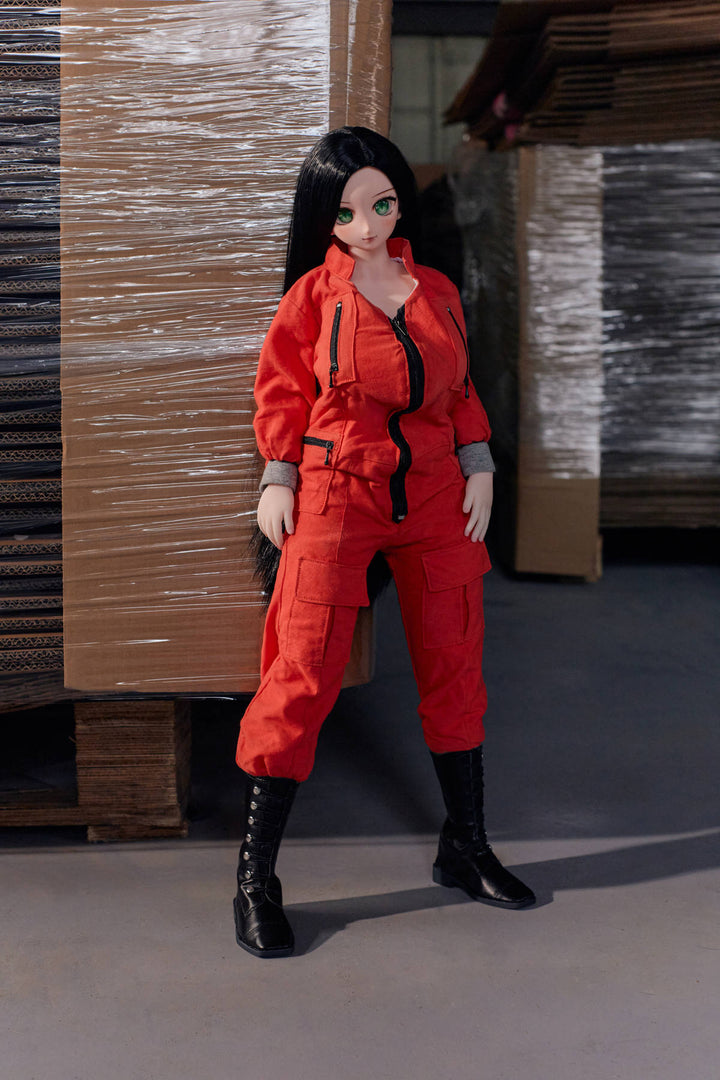 CLIMAX DOLL Mini J60cm P Hybrid - Rina (Cinnamon) full-body standing pose in the red coverall and black boots, warehouse shelving behind her