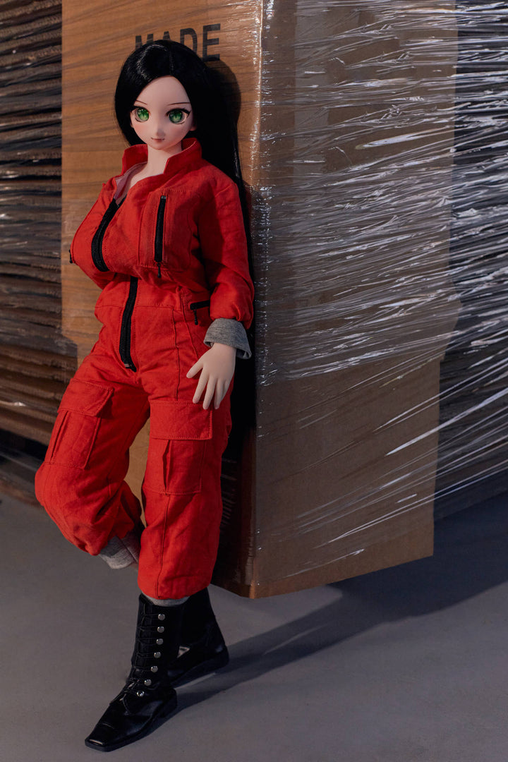 CLIMAX DOLL Mini J60cm P Hybrid - Rina (Cinnamon) leaning pose in the red coverall and black boots, warehouse backdrop